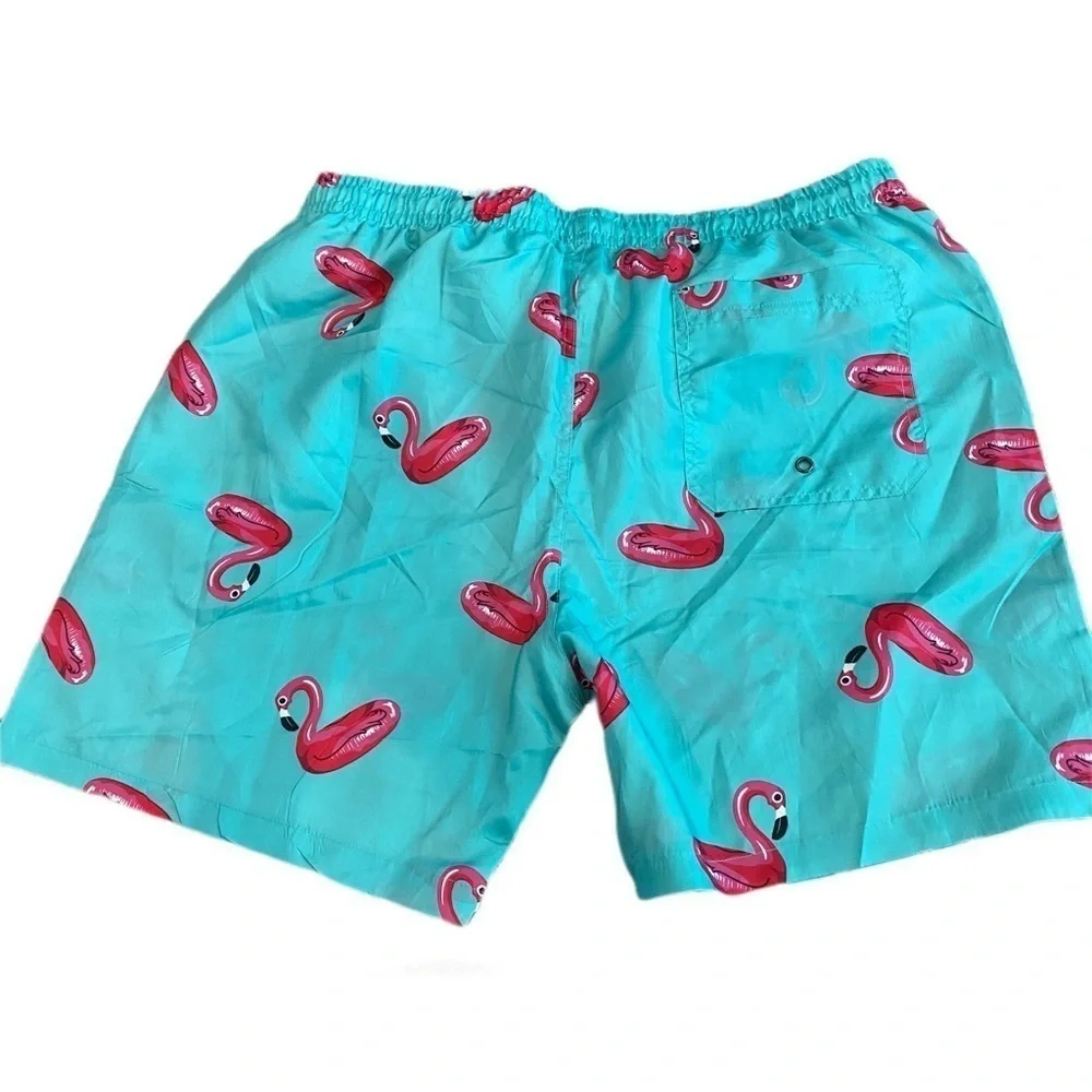 Oennea Mens Swim Trunks Aqua with Pink Flamingos - XL